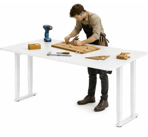 FLEXISPOT Electric Standing Desk 140x70cm with 4-legs and Dual Motors, Dining Room Table, Height Adjustable Desk for Home Office, White