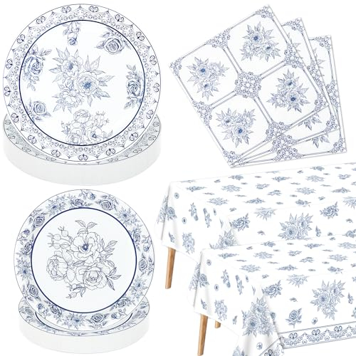 122 piezas de decoraciones de fiesta de flores azules y blancas, juego de vajilla floral, platos de porcelana azul y blanca, servilletas, mantel para novia, cumpleaños, baby shower, suministros de