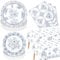 Lot de 122 décorations de fête à fleurs bleues et blanches - Assiettes en porcelaine bleues et blanches - Serviettes - Nappe pour anniversaire de mariage - Douche prénatale - Printemps été -