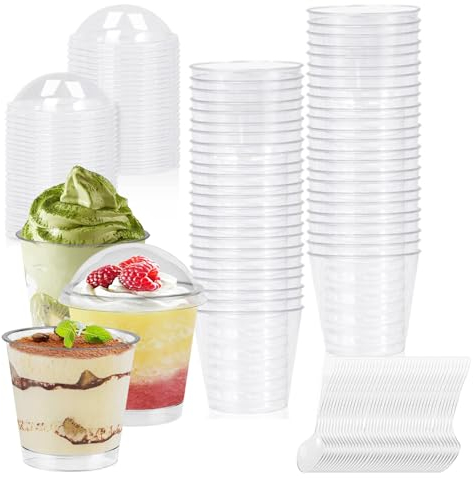 BigKing 50 vasos de postre de plástico, vasos de postre con tapa y cucharas, vasos de plástico para guardar postres y bebidas (150 ml)