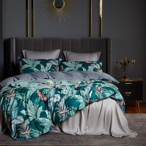 Nyescasa Bettwäsche 135x200cm 4 Teilig Grau Grün Blätter Bettwäsche-Set Renforce Pflanzen Drucken Wendebettwäsche Weich Mikrofaser 2 Bettbezug mit Reißverschluss und 2 Kissenbezug 80x80cm Doppelbett