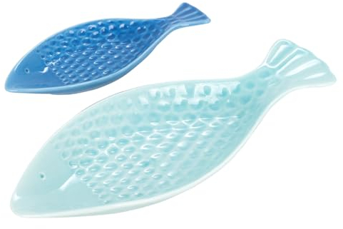 Set de 2 Platos Decorativos de Cerámica Peces Azules Vajilla. Marino. Regalos Originales. Decoración Hogar. 30 x 12 x 3 cm