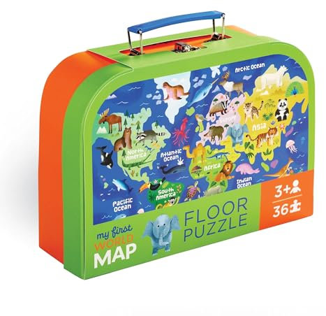 Crocodile Creek - Puzzle éducatif Ma première Carte du Monde en malette Pratique - découverte des Continents, Pays et océans, Jeu ludique et éducatif dès 3 Ans