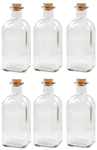 Acan Tradineur - Pack de 6 Botellas de Vidrio, frascas con tapón de Corcho, Reutilizables, rellenables, licores, Aceite, Agua, Vino, Whisky, Bodas- 19,5 x 8 cm - 725 ml