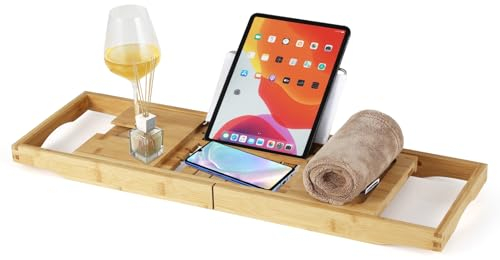 LIFEZEAL Badewannenablage Bambus, Badewannentablett ausziehbar mit Halterung für Buch, Wein, iPad, Badewannentisch mit seitlicher Ablage, 70,5-105 x 22 x 4 cm, Natur