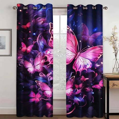 KARPIX 3D Schmetterling Verdunkelungsvorhänge 183x160cm für Mädchen | Blickdicht Polyester, 2x91x160cm bunt Fensterdekoration Mädchen