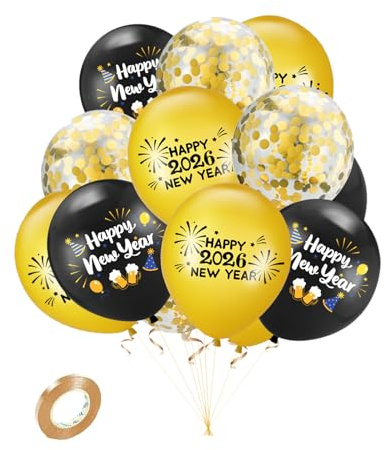 15pcs Silvester Dekorationen 2025 Luftballons Gold Schwarz Happy New Year 2025 Luftballons Latex Ballons Happy New Year Konfetti Ballons 2025 Silvester Party Dekoration Supplies