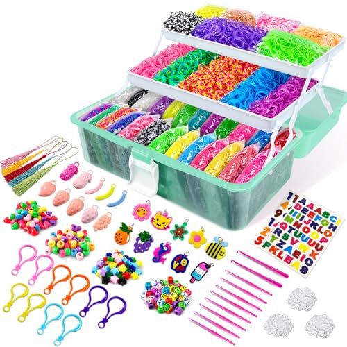 ROSHUKG 14500 Loom Bänder Set, 28 Farben Gummibänder Making Kit mit 3 Schicht-Container für Mädchen Jungen(Grün)