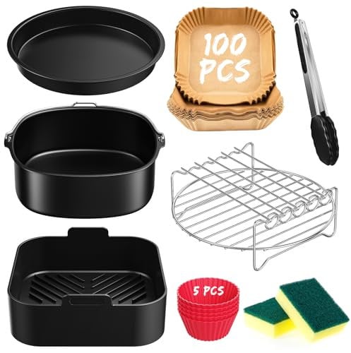 22CM Accessori Friggitrice ad Aria per COSORI 5,5L/6L/6,2L/6,4L, Russell Hobbs XXL 8 l, Princess 6,5L, 8L, 8PCS Riutilizzabile Teglie Cestino Friggitrice ad Aria in Silicone, Senza BPA