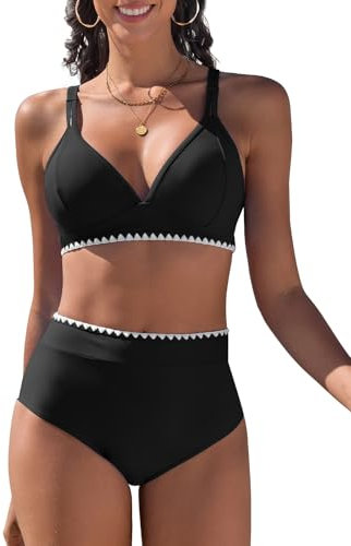 UMIPUBO Maillot De Bain Femme 2 Pieces Bikini Set Col en U Grande Taille Haute Push Up Contrôle du Ventre Sexy D'Été Plage Classique Slim Deux Pièces Ensemble Swimwear(Noir,XL)