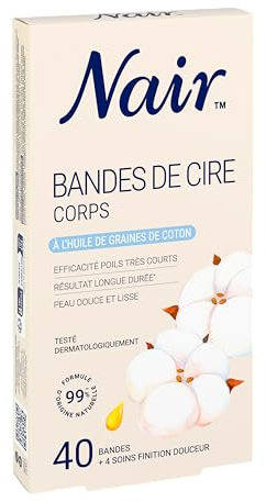 Nair Bandes de Cire Froide , pour le Corps, Kit à Domicile Pour Femmes Enrichi en Huile de graines de Coton, 40 bandes et 4 soins finitions douceur