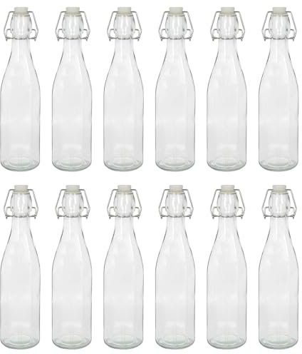 Argon Tableware 520ml Glass Bottles with Swing Top - Clear - 12x Reusable Empty Water Wine Milk Olive Oil Juice Gin Home Brew Brewing Drinking Fridge Dispenser Storage Jars with Stopper Lid