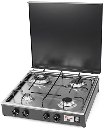 CFParker Fornello 4 fuochi a gas Metano Valvola di Sicurezza Bruciatore Doppia Corona Grigio Grafite e Piano Acciaio Inox made in italy mod. 542GSPGPSm/C