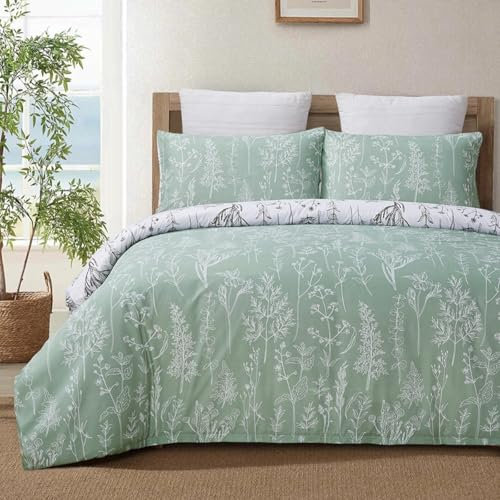 YEPINS Soft Duvet Cover Set King Size with Zipper Closure and Corner Ties, Reversible Design Floral Branch Printed Pattern, Green and White Colour, 3 Pieces Bedding Set, Brushed Microfiber