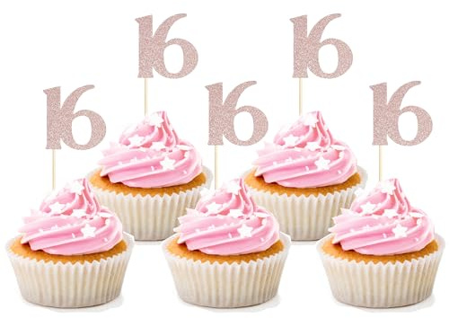 Sotpot 30 Pack 16th Birthday Cupcake Toppers Rose Gold Glitter 16th Cupcake Picks for 16th Milestone Birthday Party Decorations
