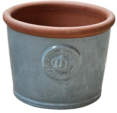 Teramico Pflanzgefäß Blumentopf Übertopf Krone Steinzeug glasiert Weiß Grau Türkis 34cm 45cm absolut Frostfest und witterungsbeständig (October Gray, 34cm x 26cm)