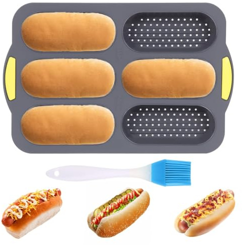 Juqoyue Molde de Silicona, Molde para Panecillos de Hot Dog con Pincel de Aceite, Molde Antiadherente para Hornear Pan Francés con 6 Canales, Molde para Pan Francés para Hot Dog