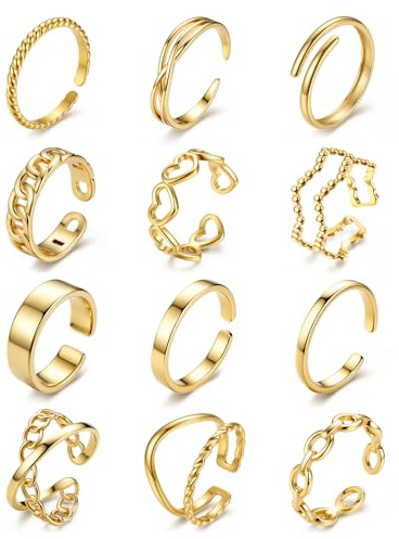 JeweBella 12 Stück Ringe Gold Silber Wasserfest Ring Damen Edelstahl | Verstellbar,18K Vergoldete Trendy Stapelbare Offene Ringe Set Frauen,Daumenring,Fingerring,Stapelringe Damen Schmuck