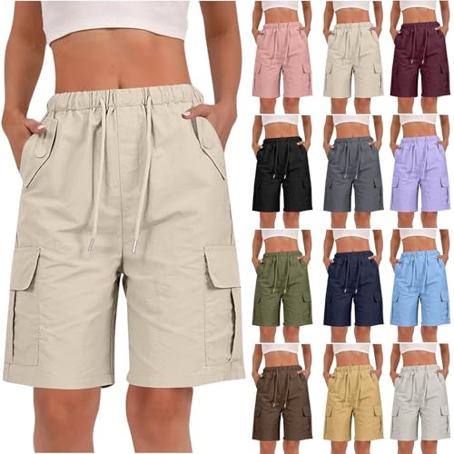 RLEHJN Cargo Shorts Women UK Sale Clearance, Ladies Bermuda Shorts Baggy Short Cargo Pants with Multiple Pockets Summer Drawstring Elasticated Waist Half Pants for Outdoor Hiking Work Travel Golf