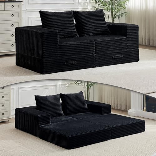 Vamcheer 2er Sofa mit Schlaffunktion - 2 sitzer Modulares Schlafsofa, Zweisitzer Sofa mit 2 Kissen, Moderne Schlafcouch für Wohnzimmer und Schlafzimmer, Schlafcouch ausziehbar 180 cm breit, Schwarz