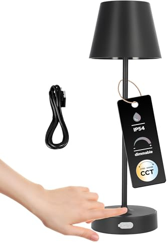 EDO LED Tischlampe Kabellos, Tischlechute Akku Dimbarre mit 3 Farbtemperatur CCT 2700K-6500K, NELI 2.7W Stufenlos Dimmbar, Touch Lampe mit USB-C für Outdoor Nachttisch Esstisch Camping, IP54, Schwarz