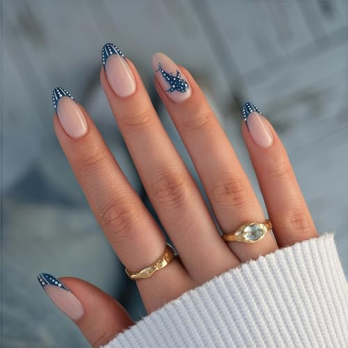 Auroriel 24 Pieces Medium Almond Press On Nails Cartoon Shark Blue Ocean Minimalist Reusable Gel Fake Nails DIY Manicure Set