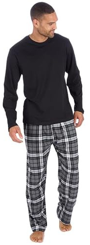 GM Apparel Men's Long Sleeve Pyjamas Set | Jersey Top & Brushed Flannel Pajama Set – Soft Knit Top & Woven Plaid PJs Sleepwear Bottoms Nightwear (UK-XL, Black/Grey Check)
