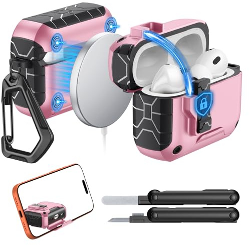 Moko Hülle Für AirPods Pro 3(2025),Stoßfeste Schutzhülle, Rosa | Kompatibel Mit MagSafe,Sicherheitsverschluss&Handyständer,Automatisches Aufklappen,Reinigungsset,Passend Zu AirPods Pro 3 Gen
