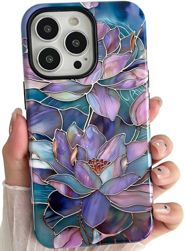 TQLGY for iPhone 13 Pro Case, Cute Floral Aesthetics Vintage Phone Case Shockproof Slim Soft TPU and Hard PC Protective Cover for Women Girls, Abstract Lotus Blossoms