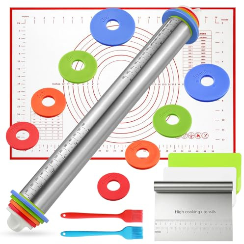 GZLCEU Einstellbares Teigroller Edelstahl Set, 44cm Nudelholz | Nudelholz Metall mit Silikon Backmatte Teigkarte Set Backpinsel Silikon für Pizza Gebäck Teig fondant