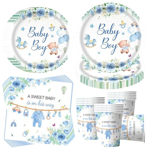 OMZSXK Babyparty Partygeschirr für 16 Gäste, Baby Shower its a Boy Partyteller Party Deko Geschirr, Babyshowerparty Deko Junge Pappteller Pappbecher Servietten, Babyparty Dekorationen Junge