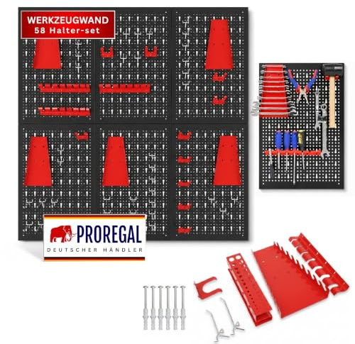 PROREGAL 6x Werkzeugwand ARES, Werkzeug Lochwand Set aus Metall, Lochplatte inkl. 58 Haken & Halterungen, 240x60cm, inkl. Montagematerial, Werkzeughalter Werkstatt Werkzeuglochwand Erweiterbar