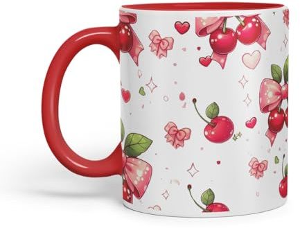 Vixar Cherry Bow Pattern Mug – Coloured Ceramic Mug Cup Gift, 11oz (Red)