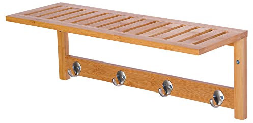 HOMCOM Porte-manteau mural penderie murale étagère 50L x 16l x 17,5H cm 4 patères kit fixation fourni bambou naturel