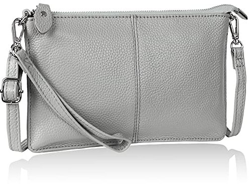 befen Echtleder Damen Umhängetasche Klein Clutch RFID-Blockierung Handtasche Damen Leder Crossbody Bag mit Reißverschluss und Schultergurt & Handgelenkband,Grau