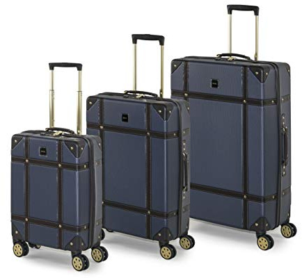 Rock Vintage Hard Shell Suitcase Set of 3 - Navy | Set Includes S, M & L Cases - Nostalgic Design, Dual 360 Swivel Wheels - TSA Lock - Lightweight Build - Impact Resistant