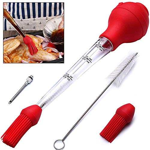 BETOY Poire à Sauce Poulet Turquie Barbecue avec Brosse de Nettoyage, Aiguille d'Injecteur, Pinceau Burette de Barbecue de qualité FDA en Caoutchouc Ampoule en Acier Inoxydable