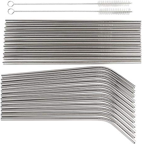 Ideen mit Herz Edelstahl Strohhalme | 24 Trinkhalme + 2 Reinigungsbürsten | Trinkröhrchen Ø0,6 cm | 20,5 cm lang | 12x gerade & 12x gebogen | wiederverwendbar | Metall-Strohhalm-Set