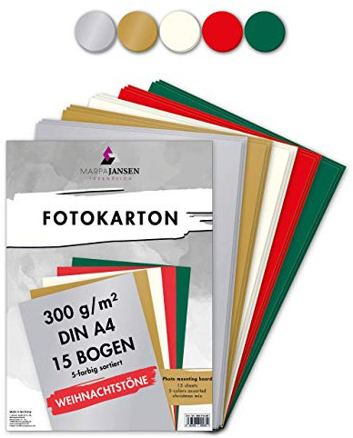 MarpaJansen Fotokarton in 5 Weihnachtsfarben, DIN A4, 15 Bogen, 300 g/qm