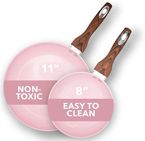 Phantom Chef 8” and 11 Frying Pan Set | Pure Aluminum Nonstick Frying Pan Set With Easy Clean Ceramic Coating | Soft Touch Stay Cool Handle | PTFE PFOA Lead and Cadmium Free Fry Pan | 2 Piece | Pink
