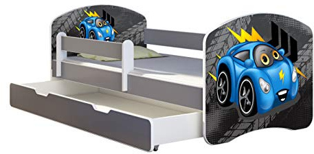 ACMA Kinderbett Jugendbett mit Einer Schublade und Matratze Grau mit Rausfallschutz Lattenrost II Spielbett Kinderzimmer Möbel (04 Blaue Auto, 160x80 + Bettkasten)