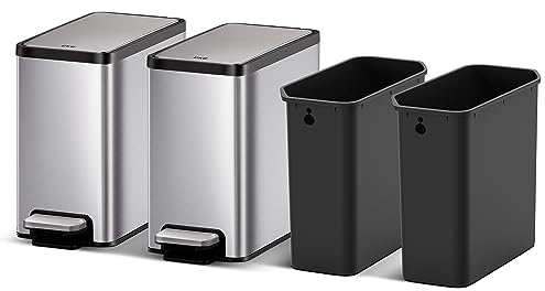 EKO Slim Small Bathroom Trash Can with Lid, Stainless Steel Kitchen Garbage Can with Removable Inner Bucket, 6L / 1.6 Gal 2 Pack Step On Trash Can Combo