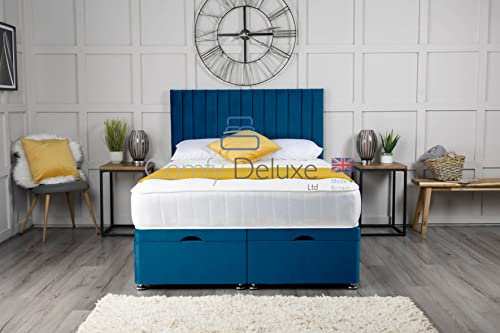 Comfy Deluxe LTD Plush Velvet Ottoman Gas Lift Bed with Vertical Panel Apollo Headboard (2FT6 Small Single (79cm X 192cm), Blue)