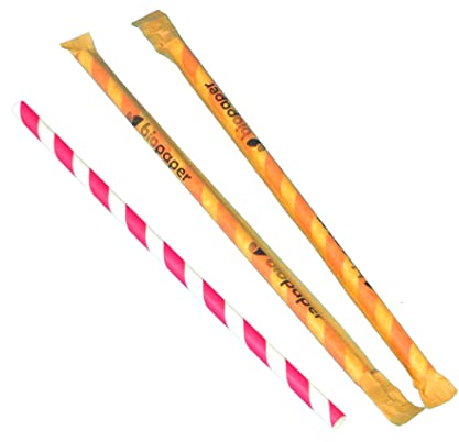 1000 Bio Papiertrinkhalme Strohhalme Papier Jumbo für Shakes, Smoothies, usw. Ø8mm 23cm lang rot/weiß gestreift starr einzeln gehüllt