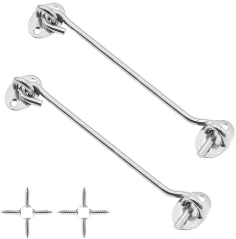 Uenhoy Confezione da 2 fermi per porta del fienile da 20 cm e chiusura a occhiello con viti, in acciaio inox resistente per porte scorrevoli, porta del garage, finestre, recinzione in legno, argento