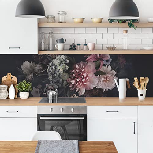 Bilderwelten Küchenrückwand Folie Glänzend 40x140 cm Blumen mit Nebel auf Schwarz Spritzschutz Fliesenspiegel Küche-Rückwand Motiv Klebefolie