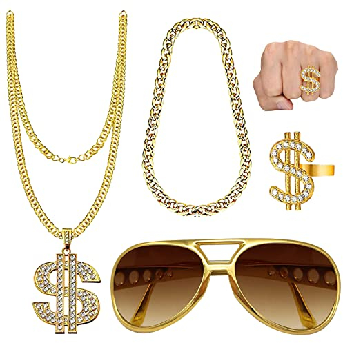 YISKY Hip Hop Kostüm Set, 4 Stück Rapper Set, 70er, 80er, 90er Jahre Accessoires, Pimp Outfit, Hip Hop Dollar Halskette Ring Armband Brille, Dollar Kette set, für Fasching & Karneval Cosplay Kostüm