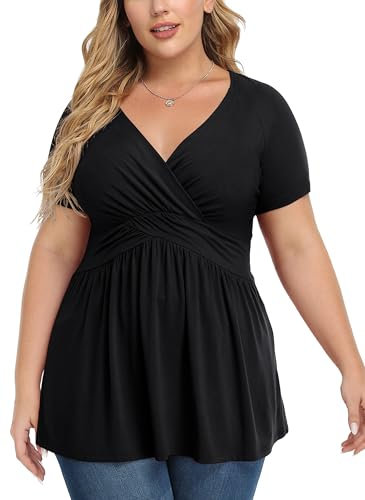 TIANZHU T-shirt décontracté à manches courtes pour femme - Coupe ample - Col en V, 1 Noir, XL