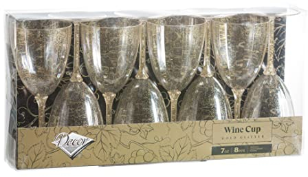 Decor Decorline - 96 Weingläser Kelch mit Stiel aus Premium-Kunststoff mit Goldglitter Wiederverwendbar Cocktailgläser für Hochzeiten & Partys, 200ml - Mehrweg & Stabil