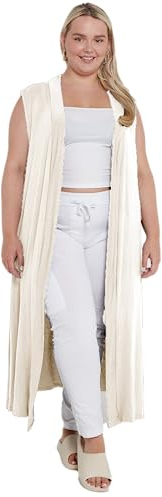eyes Womens Ladies Sleeveless Maxi Long Length Boyfriend Women Cardigan Collared Top Floaty Duster Jacket Coat Blazer Stretchy Plus Size Cardigans Waistcoat Cream UK 20-22